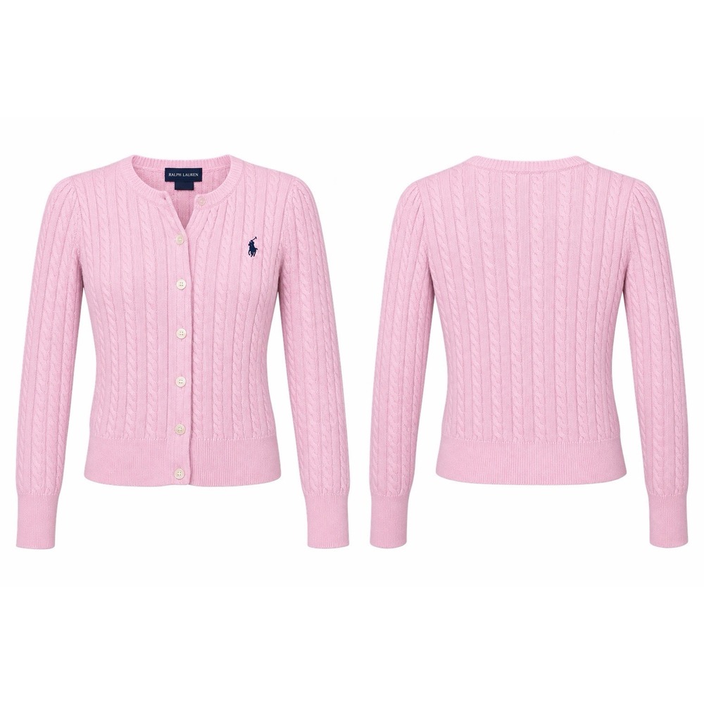 Ralph Lauren Girls 6 Pink Cable Knit Cotton Cardigan Sweater Pony Logo Preppy